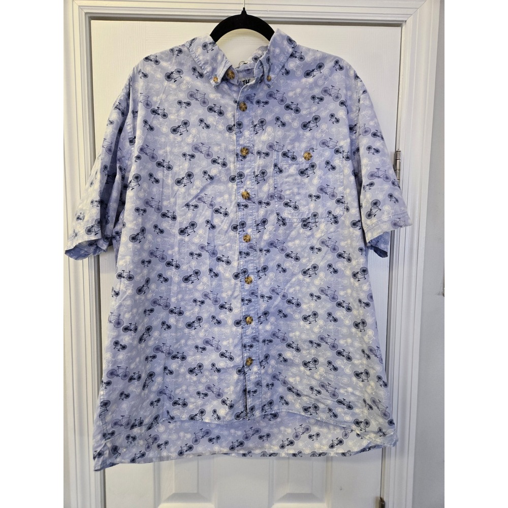 Duluth Trading Co Mens L Tall Relaxed Fit Bicycle Print Blue Shirt Resortwear